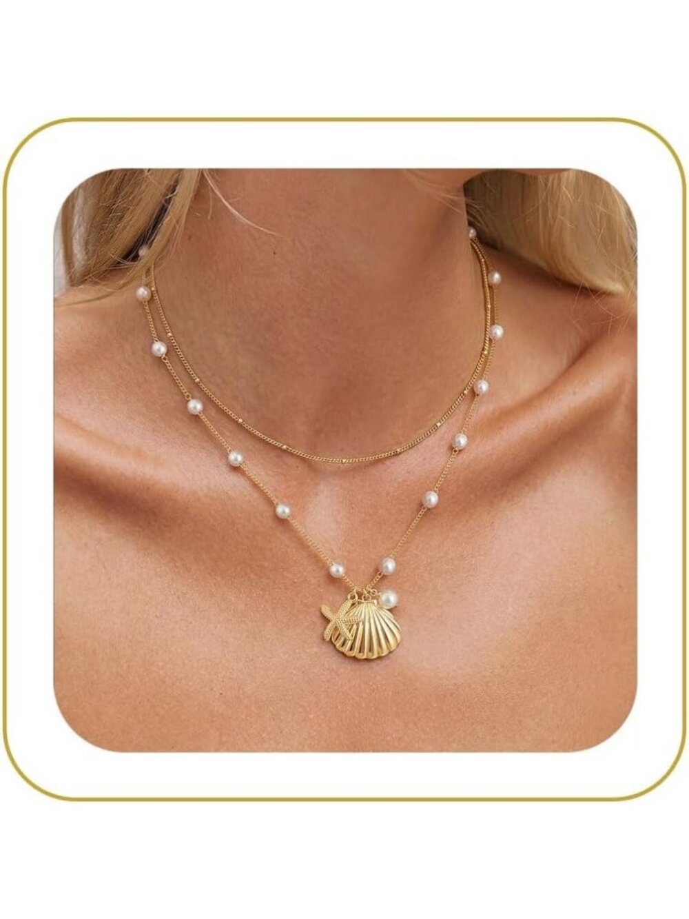Women's 2psc Layered Starfish Shell Chain Pendant Layered Cuban Link Necklace